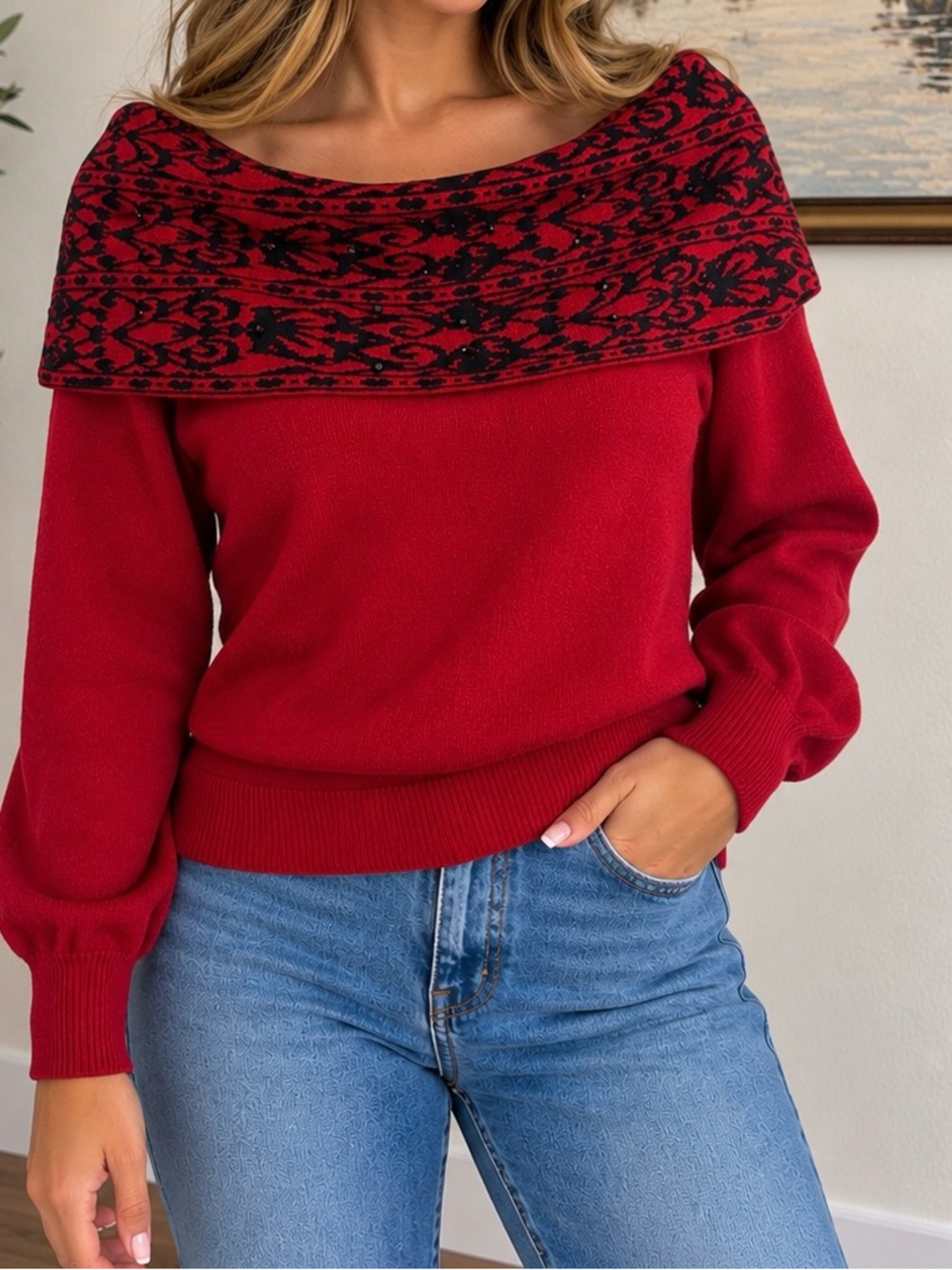 Anne Klein Red Off-Shoulder Sweater with Black Patterned Yoke